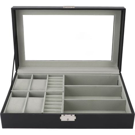Boîte de rangement pour montres, étanche à la poussière, avec 4 emplacements et 3 compartiments pour lunettes, organisateur de montres à plusieurs niveaux pour bijoux. (1/5)