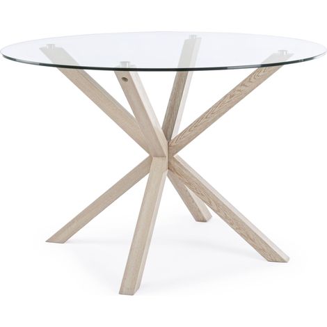 Table à manger ronde verre trempé et acier effet naturel Agno 114 cm (1/5)