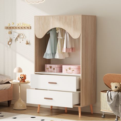 Armoire enfant ouverte 80x46x141.5 cm blanc et bois naturel en MDF avec tringle et 2 tiroirs (1/5)