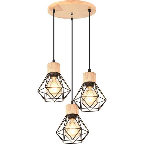 Lampe À Suspension Vintage Suspension Luminaire Rétro Noir 3 Lumières Plafonnier D'Intérieur Moderne En Métal Et En Bois (1/5)