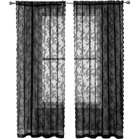 Rideaux en Dentelle Noire 84 Pouces (213cm) Longs - Motif Floral Rustique Vintage - Voile Noir pour Salon - Intimité Style Goth - 2 Panneaux 40x56 Pouces (1/5)