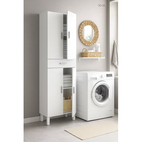 Dmora - Armario multifunción Dlobotk, Mueble para baño o lavadero de 4 puertas y 1 cajón, Zapatero multiusos, 60x29h182 cm, Blanco brillante (1/5)