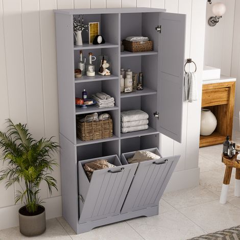 Armoire de salle de bain 78x35x172cm gris imperméable,panier à linge double,compartiments ouverts et étagères réglables. (1/5)