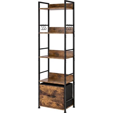 Levede Bookcase Drawer 5 Tier Slim Book Shelf Storage Unit Living Room Brown (1/5)