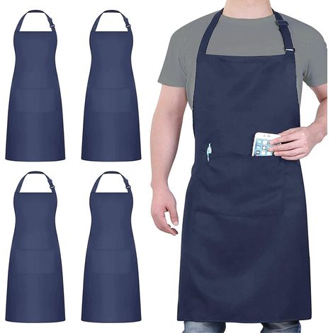 4er-Pack Kochschürzen, blaue Schürze mit 2 Taschen, wasserdichte, verstellbare Schürze für Damen und Herren, professionelle Küchenschürzen zum Kochen, Gärtnern, für Restaurants, Grillabende und Cafés (1/5)