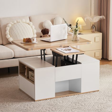 CHICFURN Tavolino da salotto sollevabile 100x51x47 cm bianco e legno con contenitore (1/5)
