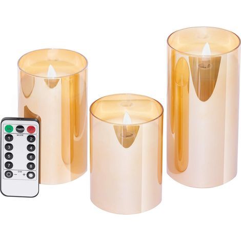lot de 3 bougies LED sans flamme, bougies à piles, bougies piliers, fonctionnant sur piles avec télécommande et minuterie, bougies électriques, D3"H4"5"6", cire + verre or (1/5)