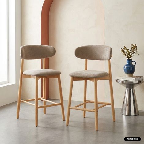 Lot de 2 tabourets de bar en bois d'hévéa naturel et tissu chenille - Paola Naturel / Taupe (1/5)