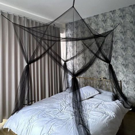 Eleganter Moskitonetz-Vorhang, Baldachin-Vorhang mit Spitze, vier Türen für Doppelbett (Schwarz, 210 x 240 x 190 cm) (1/5)