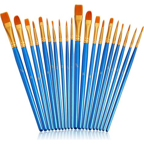 Ensemble de pinceaux, 20 pièces en nylon à pointe ronde pinceaux acryliques pour peinture acrylique à l'huile aquarelle (bleu) (1/2)
