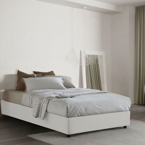 Talamo Italia Letto piazza e mezza Rebecca, Letto contenitore con rivestimento in tessuto, 100% Made in Italy, Apertura frontale, con materasso Cm 120x200 incluso, Bianco, con imballo rinforzato (1/5)