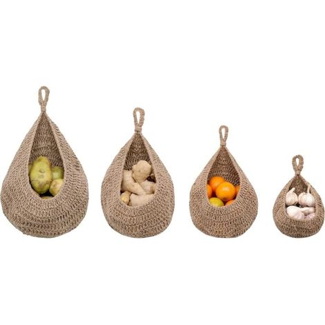 Set aus 4 handgewebten, tropfenförmigen Hängekörben aus Jute für die Speisekammer, Hängekorb im Boho-Stil für Obst und Gemüse (1/4)
