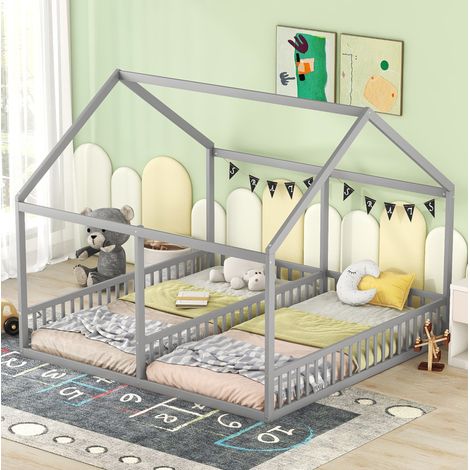 lit adulte cabane 90x200 2 en 1 bois gris avec barriere HAVRYA (1/5)