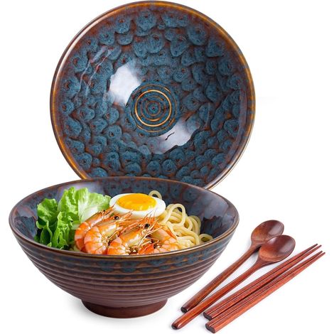 Lot de 2 Bols à Ramen en Céramique avec Cuillères et Baguettes 1200 ml (Queue de Paon) (1/5)