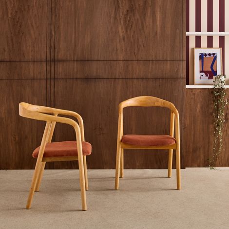 Lot de 2 fauteuils vintage bois d'hévéa et velours côtelé - L 55 x P 58 x H 79 cm Naturel / Terracotta (1/5)