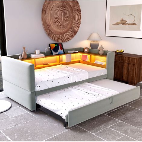 Bettsofa modern 90/180x190 cm aus Flanell Hellgrau, mit LED, Steckdosen, Ablagefächern und Lattenrost (1/5)