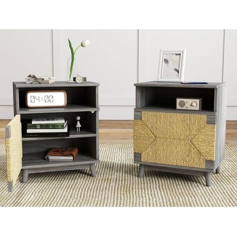 Rangement Double Niche et Placard Bouts de Canapé Tables de Nuit 48x35x58 cm Pieds Bois Massif pour Salon et Chambre Gris (1/5)