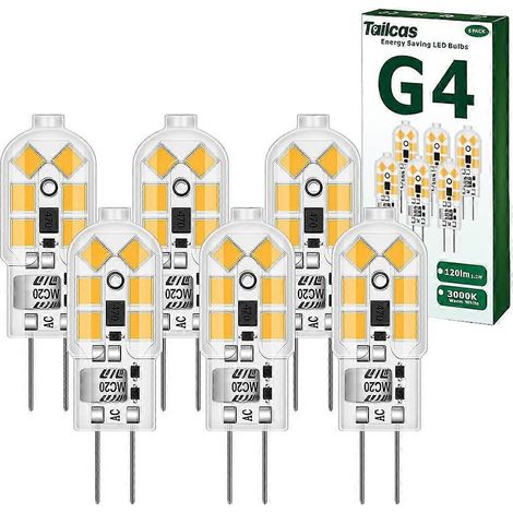 Ampoules LED G4, lot de 6, 1,2 W équivalent à une ampoule halogène de 10 W ou 20 W, AC/DC 12 V, 3000 K, 120 lm, 12,1 x 36,4 mm, non dimmables, sans scintillement (blanc chaud). (1/5)
