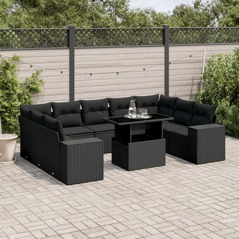 Ensemble Salon Jardin 10 Places Noir Résine Tressée avec Coussins - Table Réglable Hauteur 44/73cm (1/5)