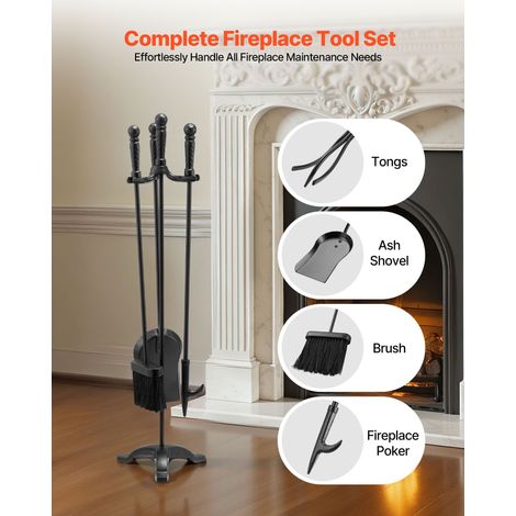 Lot de 4 accessoires cheminée en fer forgé et acier: pique feu, pelle à cendres, balai, support trépied, noir, 75 cm, pour foyer intérieur/extérieur et feu de camp (1/5)