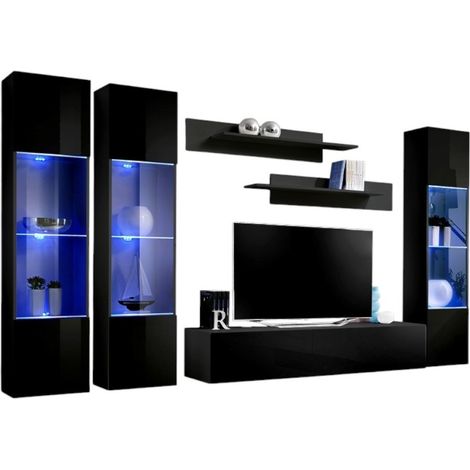Mobile TV FLY C3 design, colore nero lucido. Mobile sospeso moderno e alla moda per il tuo soggiorno.