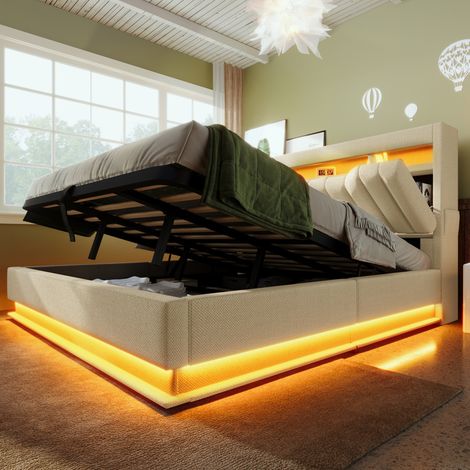 DESVIAE Lit double rembourré 140 x 200 cm avec rangement tête de lit USB Type C LED beige tissu avec matelas (1/5)