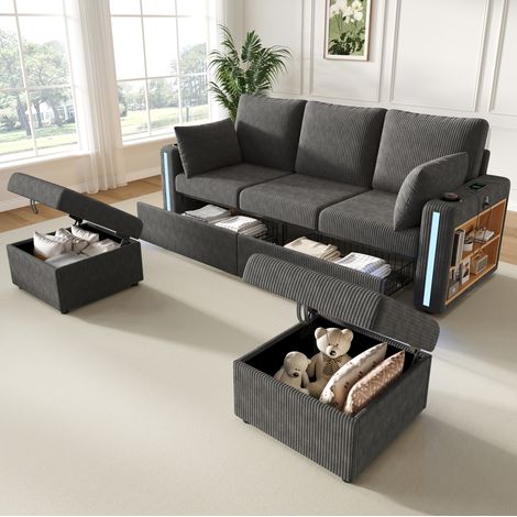 Sofá modular en U/L de 190x130 cm con LED, USB/Tipo-C, espacio de almacenamiento y portavasos, pana - gris (1/5)