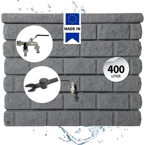GARANTIA ROCKY Regentonne Wandtank Komplett-Set 400 Liter dark granite inkl. Chrom-Doppelauslaufhahn und Fallrohranschluss (1/5)