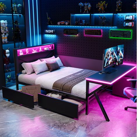 Lit 2 places 140x200 cm MDF et métal noir avec bureau LED et 2 tiroirs sans matelas - CHICFURN (1/5)