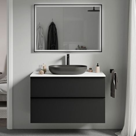 BERNSTEIN - Mobile lavabo sospeso MDF Nero opaco, Piano lavabo bianco opaco, Maniglia cromata - 80x46x62cm - LAVOA	Nero opaco, cromo, Bianco opaco