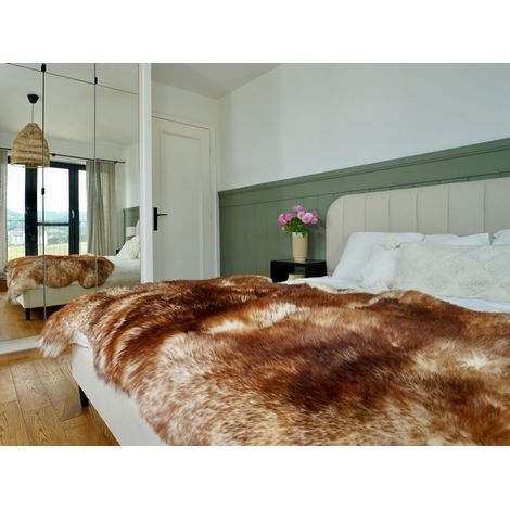 Tappeto gigante in pelle di pecora Triple Mouflon bianco e marrone, in vera pelle e lana, 64" x 46", naturale, molto spesso e lucido (1/5)