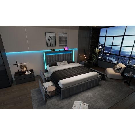 Lit pliant USB Type C avec fonction de charge, éclairage LED et 4 tiroirs. Lit pour jeunes : dimensions 140x200 cm. Lit double : lit avec espace de rangement. Structure du lit en bois, couleur grise ( (1/5)