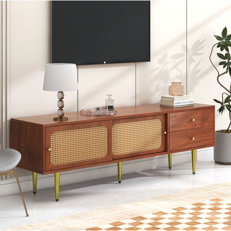 Mueble TV 160x40x60 cm nogal MDF, 2 cajones y puertas correderas con almacenaje (1/5)