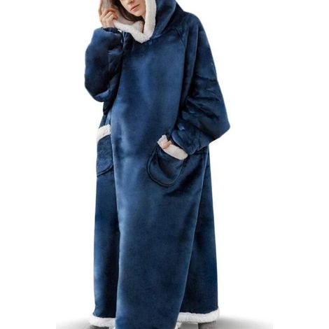 1 pièce Couverture à manches, sweat-shirt couverture oversize en flanelle double couche, avec capuche et poches, bleue (1/5)