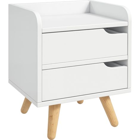 Table de chevet gain de place, table de nuit moderne avec 2 tiroirs, design épuré, bois blanc, pieds en pin, 33 x 28 x 42 cm, blanc