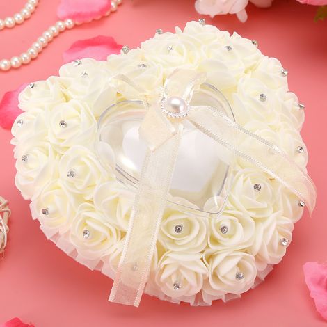 Romantische herzförmige Eheringbox mit Rosen-Strass-Dekor, Ringkissen (Beige) (1/5)