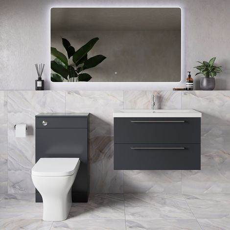 Napoli 390 Gloss Grey 1300mm Wall Mounted 2 Drawer Vanity Unit and Toilet Suite with Glide Basin - 1300mm - Chrome 480mm HandleWith Kingston Toilet Pan and Seat