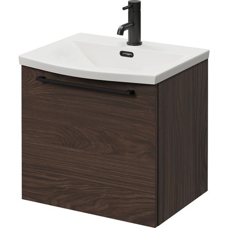 Napoli 390 Brown Oak 500mm Wall Mounted Single Drawer Vanity Unit with Arc Basin - 500mm - Matt Black 320mm Handle
