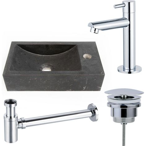 Saniclass Fuente ensemble fontaine - 40x22 - 1 trou de robinet - droite - pierre naturelle - robinet fontaine chrome - foncé