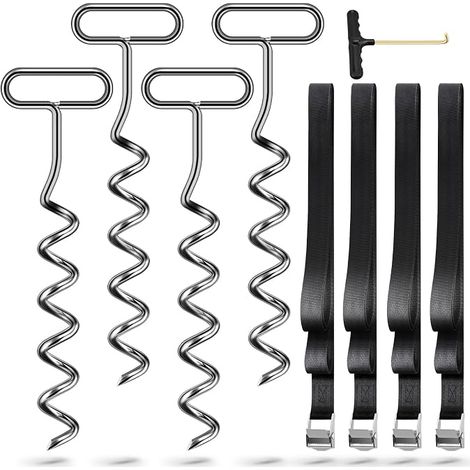 4 Pcs Trampoline Anchor Set Swing Spiral Anchor Pegs with Straps Trampoline Anchors Steel Anchor (1/5)