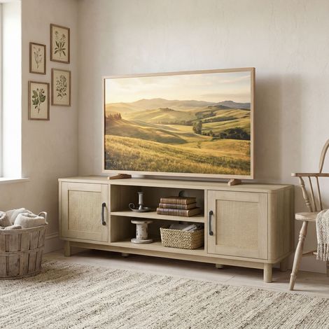 Mobile porta TV da 135 cm, mobile per TV fino a 65 pollici con 2 ante in rattan, 2 vani a giorno, rovere