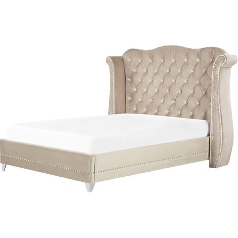 Cama con somier de terciopelo beige 160 x 200 cm listones cabecero capitoné Ayette