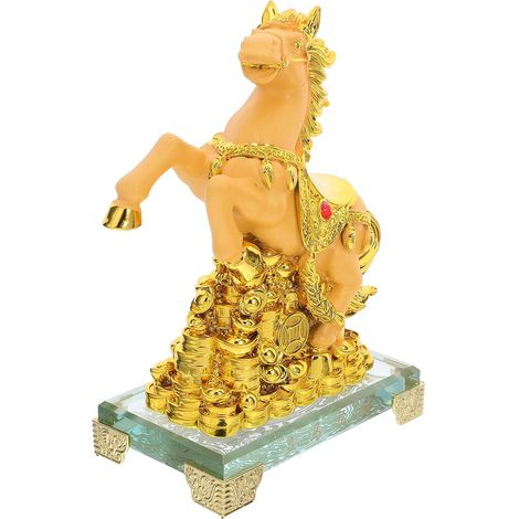 Statue de Cheval Feng Shui en Résine Dorée 115x70x160 Mm Figurine Décorative Chinoise Amulette pour Bureau et Maison, Ornement de Table Symbole de Richesse et Réussite (1/5)