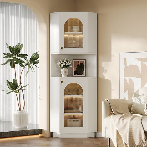 Armoire de Salle de Bain d'Angle avec Éclairage LED - 45x45x166,5 cm - Étagères Ajustables - Design Gain de Place - Blanc (1/5)