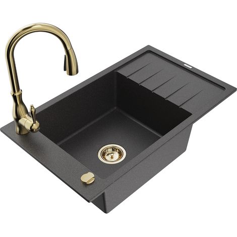 Mexen Elias fregadero de granito de 1 compartimento con escurridor y grifo de cocina Savita, negro moteado - 6511-76-672601-50 (1/5)