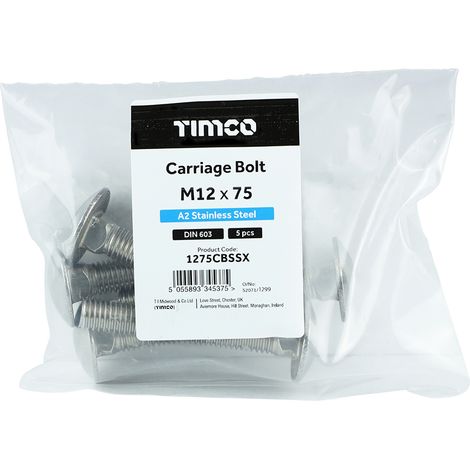 TIMCO Carriage Bolts DIN603 A2 Stainless Steel - M12 x 75