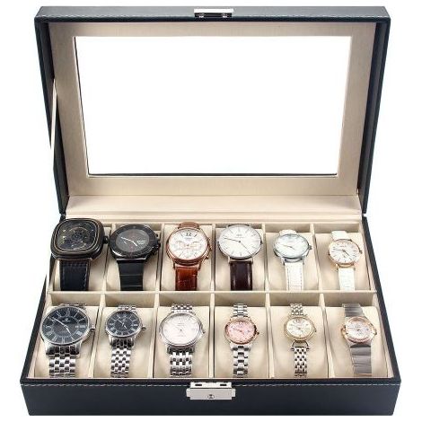 Boîte à montres à 12 compartiments avec couvercle noir (1/5)