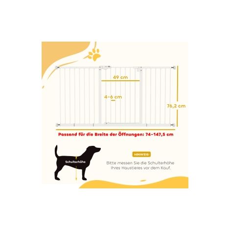 Barrière de protection de porte pour chiens, barrière de blocage pour animaux 74-147,5cm, barrière pour chien, 3 extensions, barrière d'escalier sans perçage, métal, blanc (1/5)