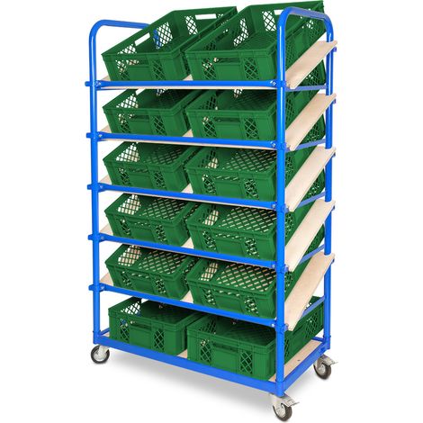 BRB Schrägboden-Regalwagen mit 6 Ebenen, bestückt mit 12 Euroboxen BxTxH 600x400x150 mm durchbrochen, BxTxH 1050x500x1690 mm (grün)