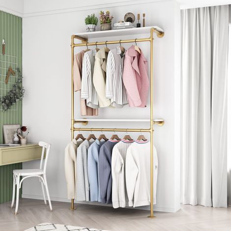 Porte-vêtements mural en forme de tuyau doré - Support mural robuste pour vêtements de vente au détail - Barre de suspension pour placard, buanderie (doré) (1/5)